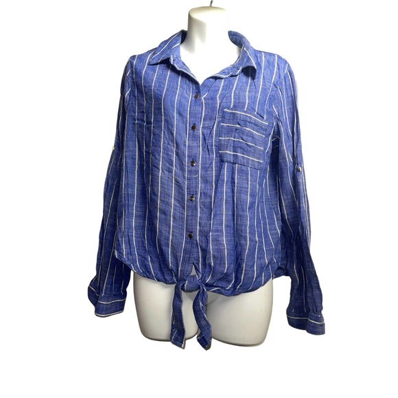 Ivanka Trump Stripe Roll-Sleeve Tie-Front Shirt - Blue/White L - Picture 2 of 4